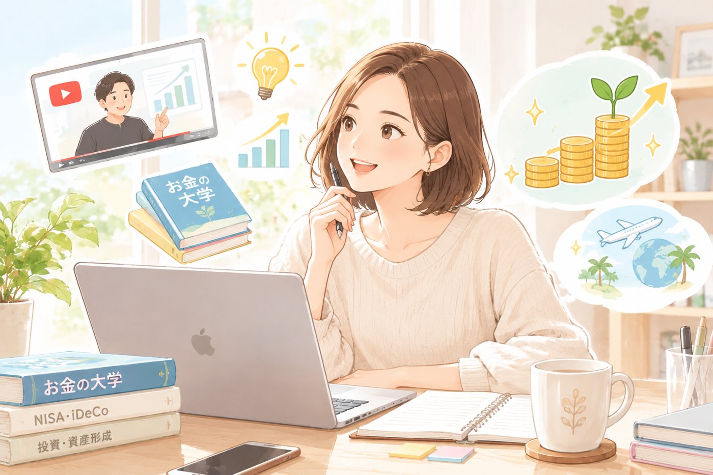 お金の勉強を楽しむ女性のイラスト